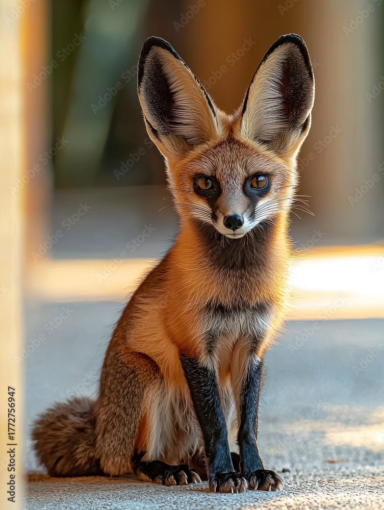 Fototapeta premium Bat-eared fox portrait with large ears, alert, against a blurry background