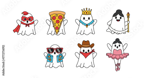 Whimsical spectral parade a collection of cartoonish ghosts costumed for various scenarios and