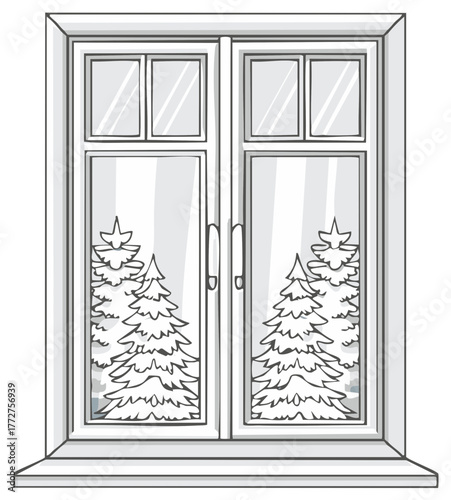 Christmas trees scene visible through a white window with handles in the interior