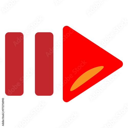 Prominent, split red figure symbolizing immediate control over audio or visual content. Element features the universally recognized play triangle alongside two parallel pause bars. Visual mark for med