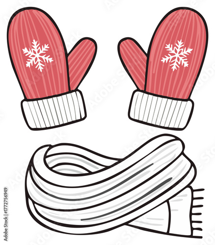 Cozy winter mittens and a soft knitted scarf with snowflake designs for cold weather