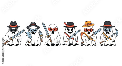 Cartoonish spooky spectres wearing hats and glasses armed with swords and knives in a row
