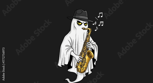 Spectre Serenade: A Ghostly Musician Playing Saxophone with Style and Mystery on a Dark Backdrop