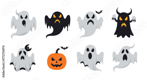 Spooky halloween characters set featuring ghosts bats and pumpkin isolated on white background