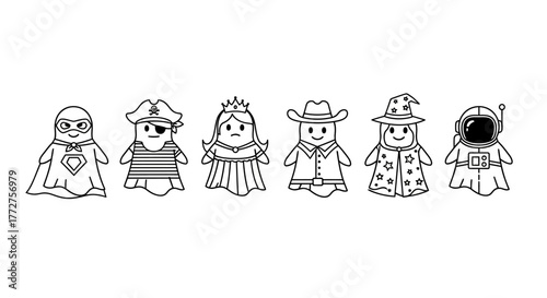 Enchanting parade of cute cartoon characters in Halloween costumes forming a unique group