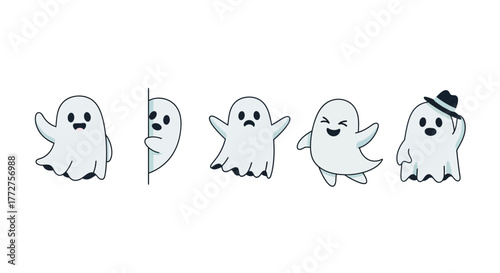 Playful parade of cartoon ghosts with different expressions set against a white backdrop
