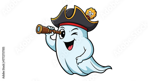 Cartoon pirate ghost character winking while searching with a spyglass for treasure
