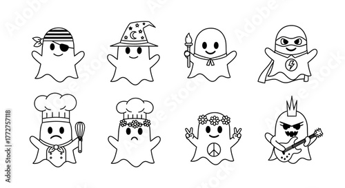 Variety of playful ghosts in various costumes for halloween and celebration events in vector art