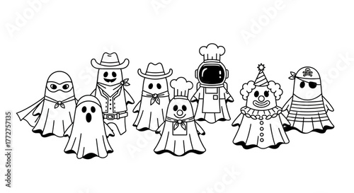 Festive Halloween parade with costume-clad ghosts, line art for coloring activity