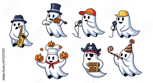Collection of adorable cartoon ghosts in playful costumes ready for a Halloween celebration
