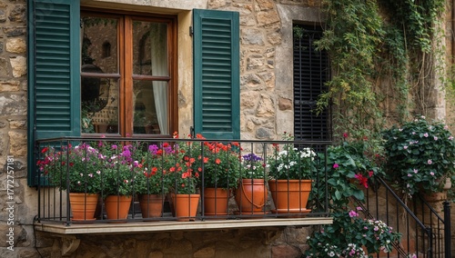 Charming balcony adorned with vintage flower pots, reflecting traditional rural aesthetics