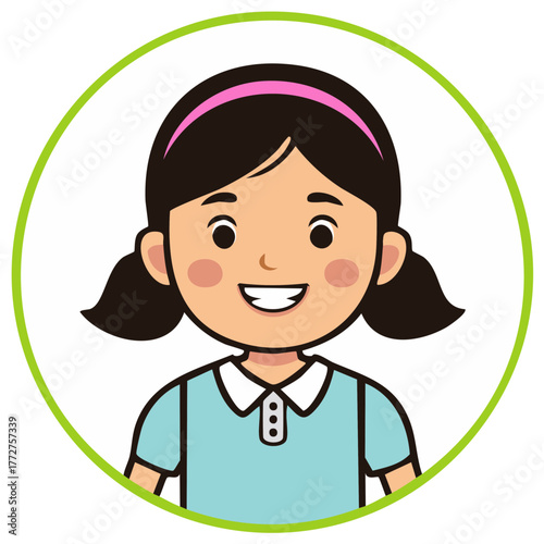 Girl Cartoon Illustration with Ponytails and Headband in a Green Circle Frame Design