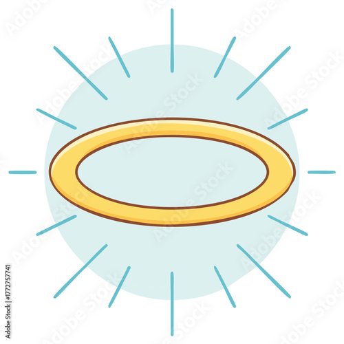 Shining golden angel halo with light rays in a cute cartoon style illustration
