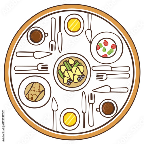 Overhead view of a round dinner table setting with multiple dishes cutlery and drinks