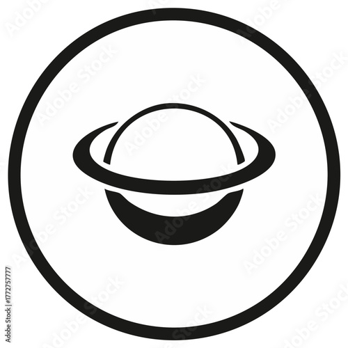 Abstract black and white planetary design in a circle.