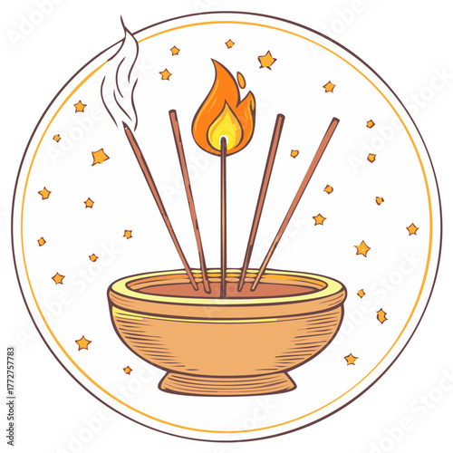 Burning incense sticks in a bowl with festive stars and smoke