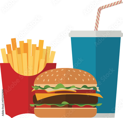 Vector illustration of a classic fast food meal with hamburger french fries and a soda drink