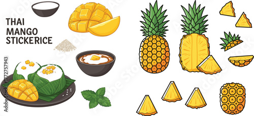 Hand-Drawn Thai Mango Sticky Rice and Pineapple Fruit Vector Set