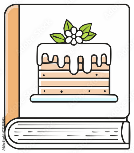 Cookbook illustration depicting a layered cake decorated with a flower and leaves, perfect for culinary themes