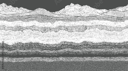Black and white abstract landscape illustration with layered mountains and textured ground background
