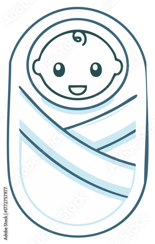 A cute smiling newborn baby wrapped in a swaddle blanket cartoon illustration