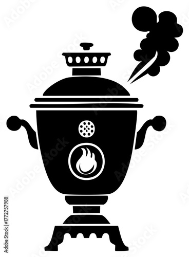 Classic samovar silhouette with rising steam and flame symbol. Hot tea brewing icon.