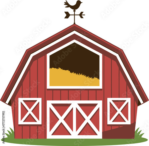 A classic red barn with white trim and a weathervane sits on a grassy field.