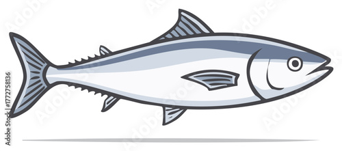 Stylized Cartoon Tuna Illustration: Fish, Fins, Tail, Scales, Marine Life