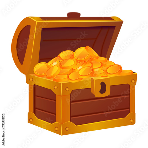 Cartoon open overflowing gold coin treasure chest. Vector casino illustration