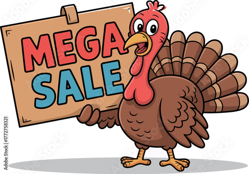 A cartoon turkey holds a sign that says Mega Sale with a celebratory expression.