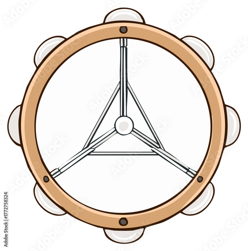 Simple cartoon illustration of a round wooden tambourine with jingles