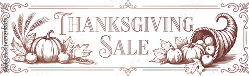 Thanksgiving sale banner featuring pumpkins, apples, and a cornucopia illustration.