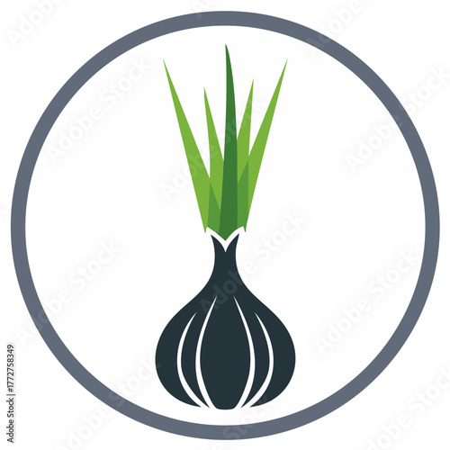 Stylized onion plant illustration with green shoots in a circular frame