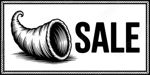 A cornucopia illustration announces a sale with bold text and a decorative border.