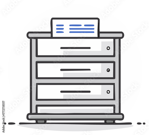 Gray file cabinet doodle art with documents, organization filing illustration