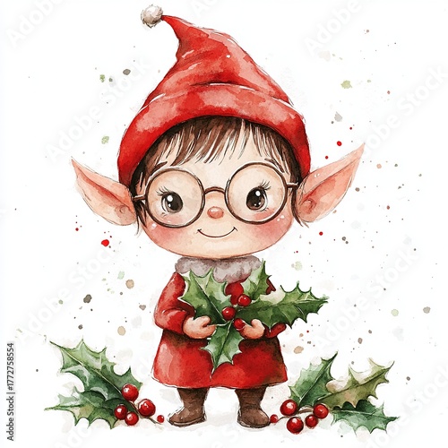 watercolor cute and adorable christmas elf with glasses holding holly clipart, white background 