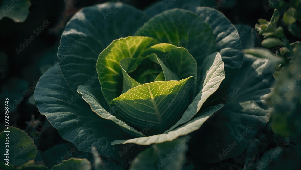 Obraz premium Green cabbage leaves in a natural garden setting