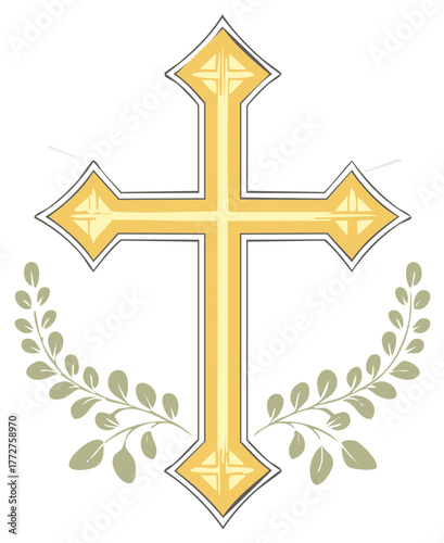 Golden Christian cross with laurel branches, religious symbol, spiritual icon, symbol of faith