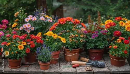 Wallpaper Mural Colorful blossoms in earthenware containers displayed on a rustic wooden surface, highlighting the gardening steps. Torontodigital.ca
