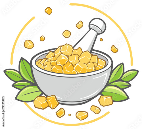 Mortar and pestle grinding golden spices or herbs with leaves and circular frame