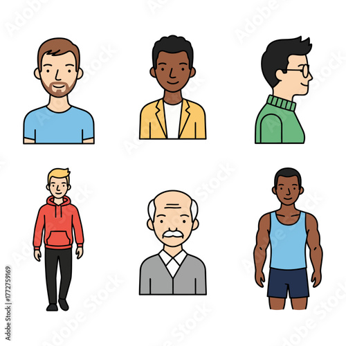 Collection of diverse men portraits young, middle-aged, and elderly, varying in ethnicity, clothing, and hairstyles, designed in a flat, vector illustration style for diverse representation
