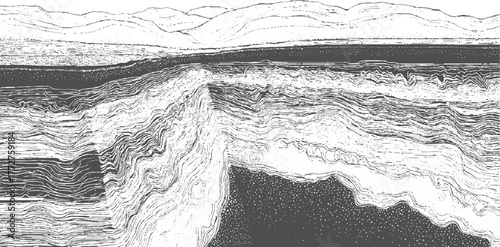 Stylized geological cross section showing layered rock strata and distant hills geology layers
