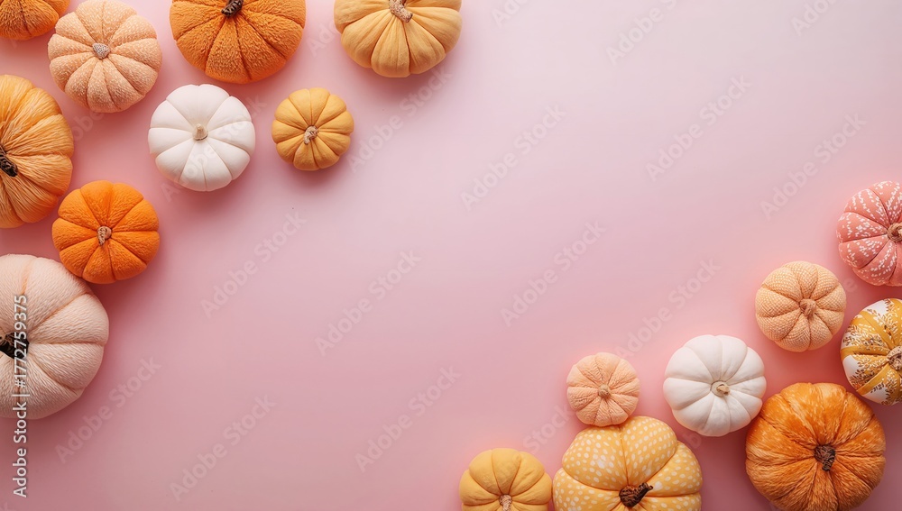 Obraz premium Decorative plush pumpkins, vibrant diagonal arrangement on a soft pink backdrop, ideal for Halloween festivities