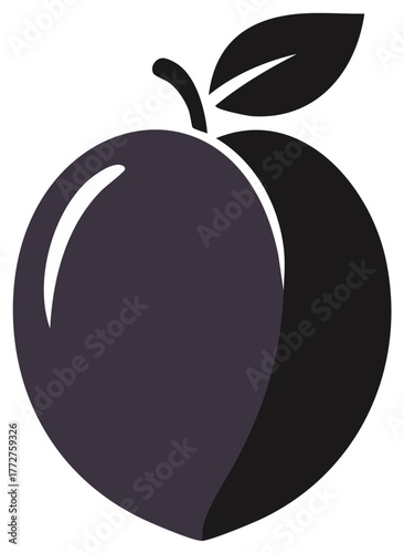 Illustrated plump fruit silhouette with a stylized leaf design against a plain background