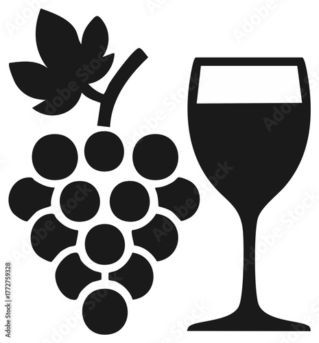 Monochromatic Vector Illustration of Grapes Bunch and Wine Glass Symbol Representing Vineyard Beverage