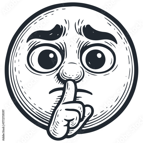 A worried emoji making a shush gesture with a finger on its lips. Icon for silence or a secret. Black and white vector in a vintage woodcut art style.