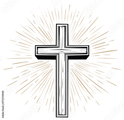Religious cross symbol with light rays for faith and spirituality concept