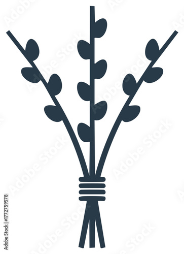 Minimalist willow branch drawing tied with rope a simple dark blue line art illustration for spring celebration designs