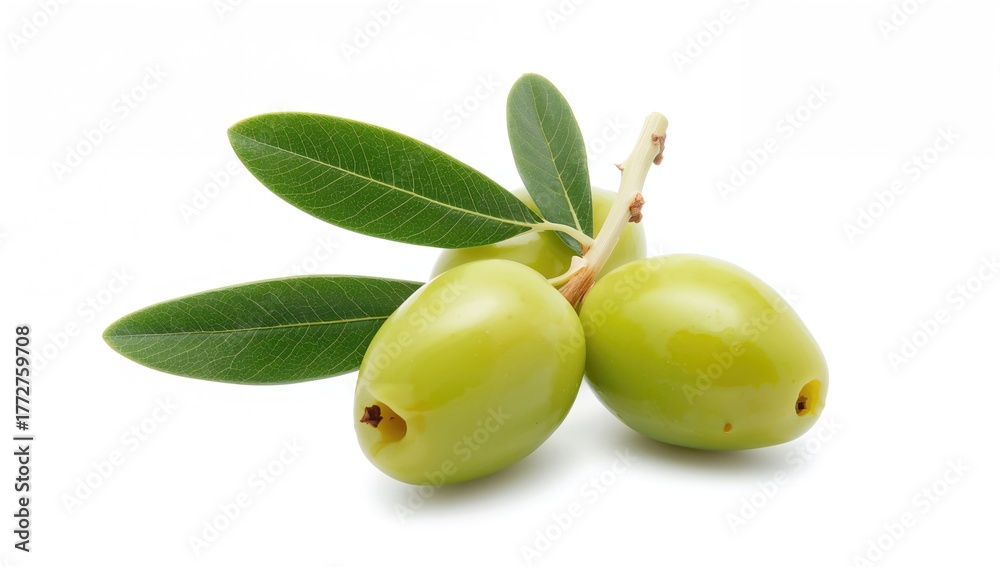 Obraz premium Green olives with leaves, fiber-dense choice