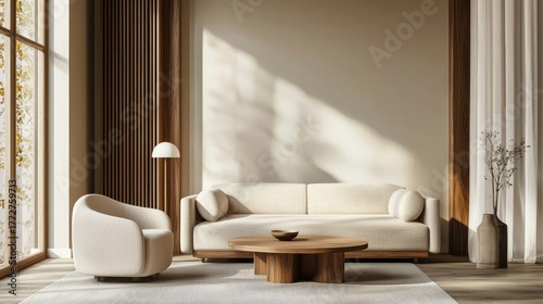 Modern living room interior with wooden furniture, soft beige sofa, and sunlight through large windows, ideal for interior design, home decor, and architecture inspiration